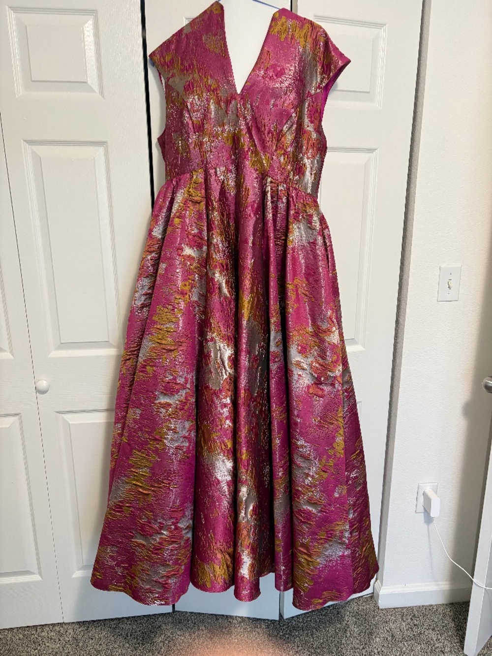 Mac Duggal Pink Metallic Jacquard Ball Gown with Mandarin Collar